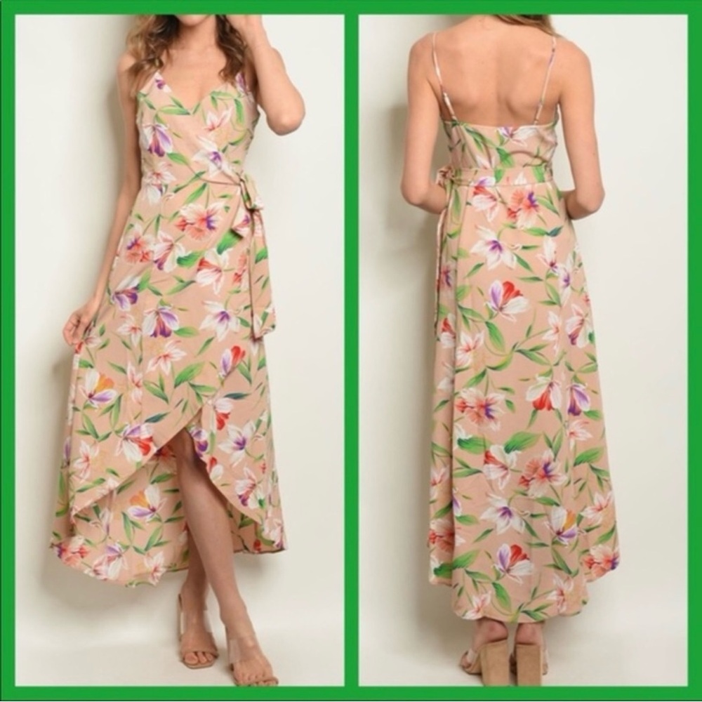 BLUSH & WHITE FLORAL WRAP MAXI DRESS-HIGH LOW TANK-SLIP-TUNIC‎-SUNDRESS. NEW